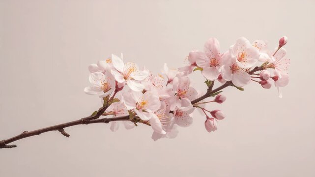 Close up side view of a single pink cherry blossom branch with open petals buds and a slender brown stem on a minimal pale beige background in soft diffused light showing a clear water droplet