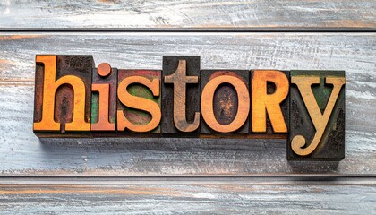 The Word HISTORY Spelled in Vintage Wooden Letterpress Blocks on Rustic Wood