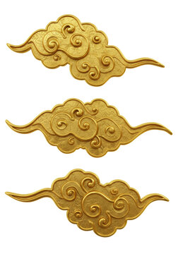 three intricate east asian xi&aacute;ngy&uacute;n cloud motifs rendered in highly reflective, polished metallic gold texture, isolated on a seamless white background, luxurious cultural heritage concept