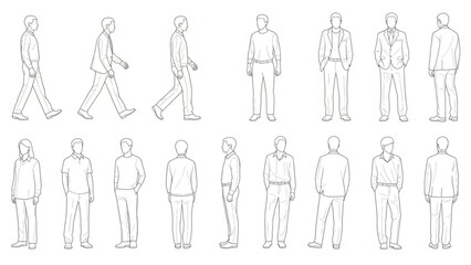 Collection of various men in different poses and outfits line art style