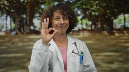 Woman doctor in white lab coat with stethoscope making ok sign and pointing finger in green park;...