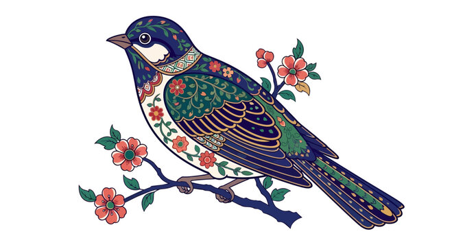 Ornamental songbird perched on blossoming branch amidst decorative foliage design