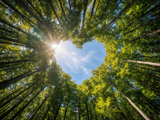 A lush forest with a canopy of trees forming a heart-shaped opening in the clear blue sky on a sunny day.