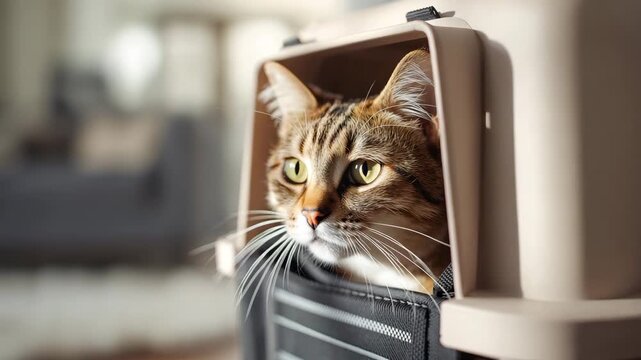 Tabby cat peering and turning head in beige plastic pet carrier with mesh door visible close up indoor living room soft natural light shallow depth of field blurred sofa background