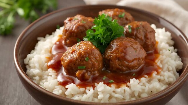 Close up camera push in on glossy brown meatballs in tomato glaze served on fluffy white rice in brown ceramic bowl garnished with parsley and chives on wooden table under soft light