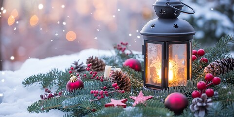 Winter scene with a glowing lantern surrounded by festive holiday decorations
