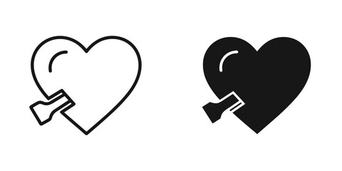 Heart pierced by arrow icon in outline and solid black silhouette