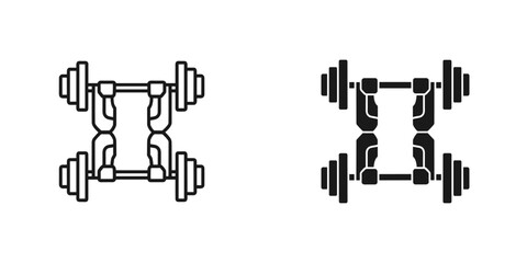 Two stylized icons of adjustable dumbbells for fitness and weightlifting