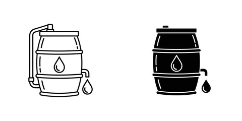 Two stylized illustrations of an oil barrel one in black and white outline and one in solid black