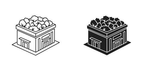 Isometric illustration of a building with a green roof in outline and silhouette styles