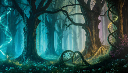 Glowing DNA helix structures intertwined with mystical forest trees in luminous fantasy scenery