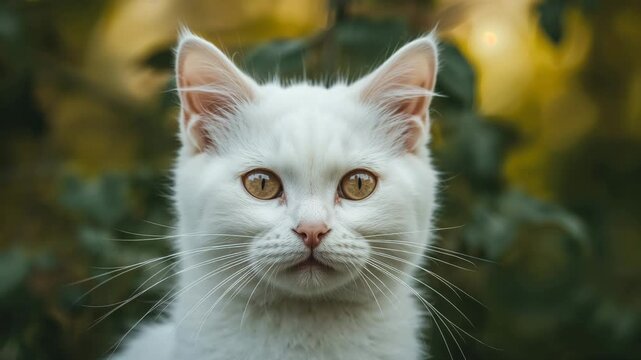 Close-up of a curious white cat looking at camera in sunlit garden