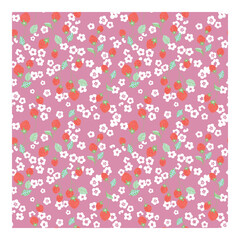 Pattern with red strawberry fruit and flowers