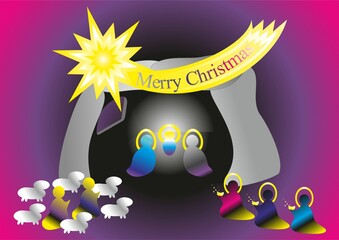 Christmas nativity scene, shepherds with sheep, Three Kings with gifts, Star of Bethlehem - abstract colorful graphic with silhouettes of people and Wishes in English.