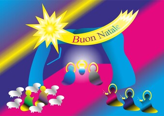 Christmas nativity scene, shepherds with sheep, Three Kings with gifts, Star of Bethlehem - abstract colorful graphic with silhouettes of people and Wishes in Italian.