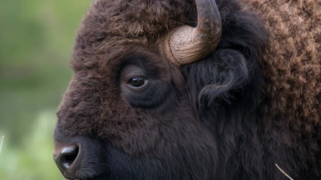 Close-up portrait of American bison in grassy prairie wildlife scene