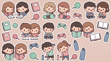 Charming collection of adorable chibi characters engaged in diverse daily activities, showcasing hobbies, learning, and fun, perfect for youthful projects and educational themes