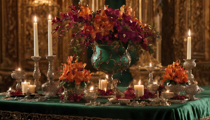 Elegant Floral Table Arrangement with Candles in Luxurious Classic Interior