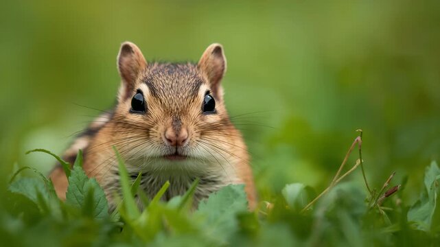 Curious chipmunk peeking through grass in a lush green close-up