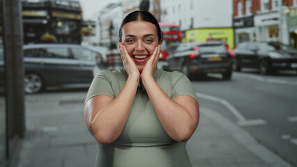 Woman smiling on a busy city street with cars in the background, capturing a lively, urban setting...