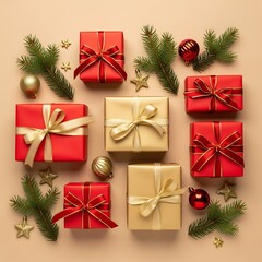 Christmas Gift Boxes with Ribbons and Decorations &ndash; Festive Holiday Flat Lay Background