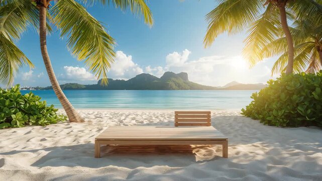Empty wooden lounge chair on tropical beach at golden hour with island view