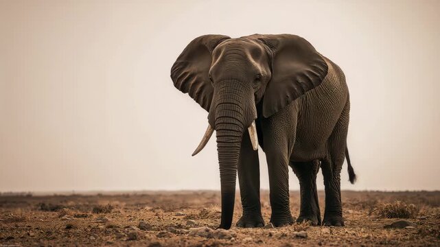Elephant walking across dry savanna at daylight with copy space