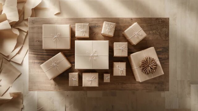 Flat lay of eco friendly wrapped gifts on wooden table with natural light