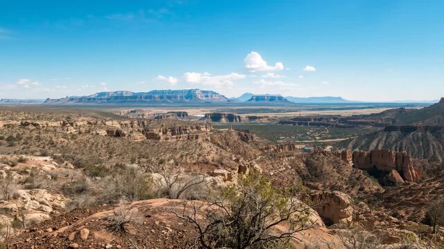 Panoramic view of desert canyon and distant mesas under a clear blue sky