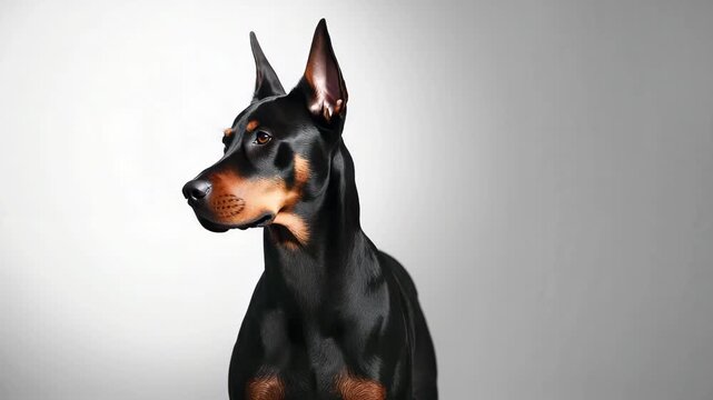 Doberman pinscher turning head in studio portrait with copy space