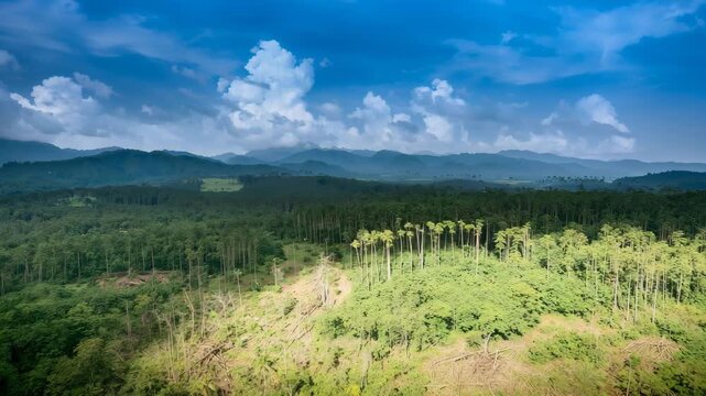Aerial drone over forest clearcut and surrounding hills under blue sky