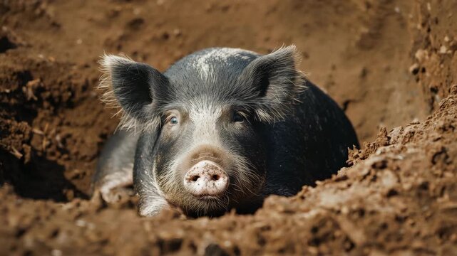 Black pig relaxing in muddy wallow on outdoor farm close-up