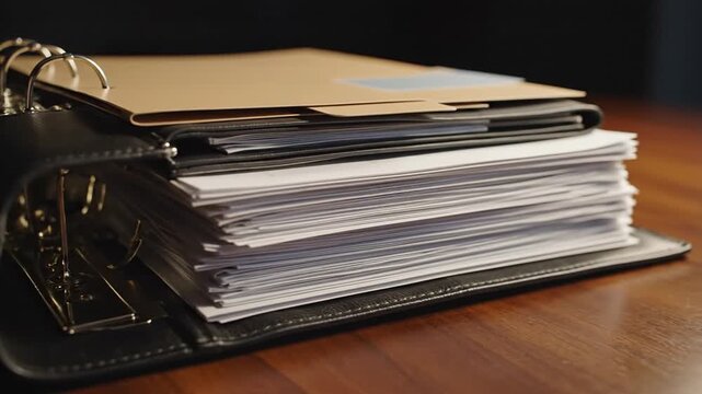 Close-up of a leather binder with stacked papers neatly on a wooden desk and glasses resting nearby