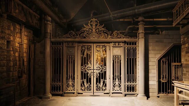 Ornate wrought-iron gate in a dim industrial basement with warm lighting