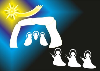 Christmas nativity scene, Three Kings with gifts, Star of Bethlehem and light - abstract dark blue graphic with silhouettes of people in white. Topics: Adoration of the Magi, Epiphany, card, gift