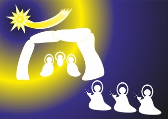 Christmas nativity scene, Three Kings with gifts, Star of Bethlehem and light - abstract yellow, blue graphic with silhouettes of people in white. Topics: Adoration of the Magi, Epiphany, card, gift