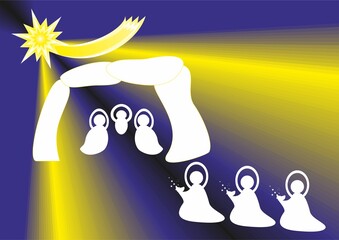 Christmas nativity scene, Three Kings with gifts, Star of Bethlehem and rays - abstract yellow and blue graphic with silhouettes of people in white. Topics: Adoration of the Magi, Epiphany, card, gift