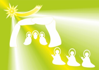 Christmas nativity scene, Three Kings with gifts, Star of Bethlehem and rays - abstract green graphic with silhouettes of people in white. Topics: Adoration of the Magi, Epiphany, card, gift