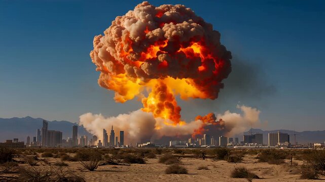 Massive mushroom cloud explosion over desert city skyline at daytime