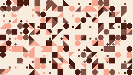 Abstract geometric pattern with warm tones, combining circles, squares, and triangles for a modern, playful design.