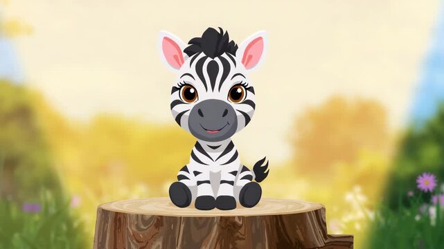 Cute cartoon baby zebra sitting on tree stump in sunny meadow