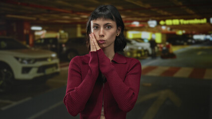 Woman pressing palms against cheek under neon lights in dim indoor parking building beside parked car wearing red sweater; anxiety.