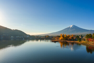 Beautiful Fuji mountain and Kawaguchiko lake at sunrise, Autumn seasons at Yamanachi in Japan.