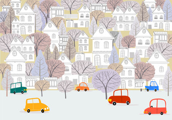 Naklejka premium Cartoon cityscape with cars vehicle in city road traffic on winter illuatration. Cute childish hand drawn style simple colors.