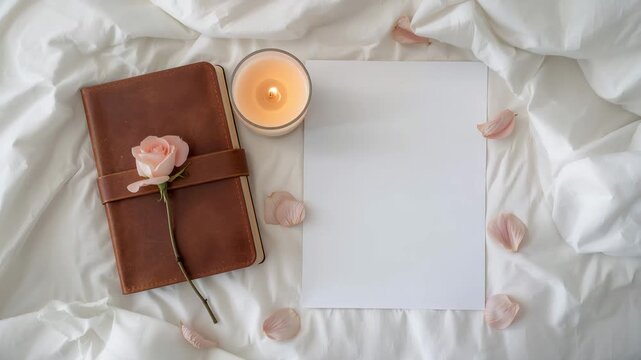 Cozy flat lay of leather journal and candle on rumpled bed with blank paper and rose petals