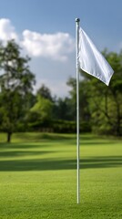 Obraz premium High quality image of white golf flag on a green with a clear sky background.