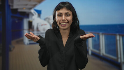 Young hispanic woman claps hands with lively gesture on sunlit bright cruise ship deck; celebration...