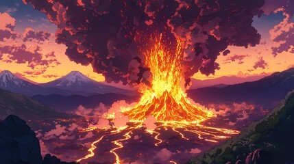 Volcanic eruption at sunset over a mountain range