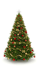 Fototapeta premium tall decorated Christmas tree with warm lights and traditional ornaments standing on white base