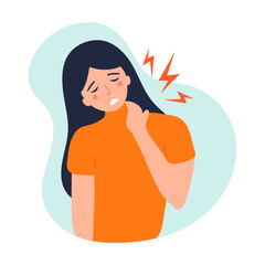 Young woman  has fatigue and pain in her shoulder and neck muscles. Vector